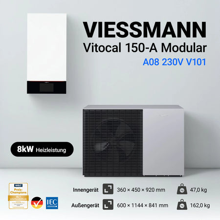 Infografik mit technischen Daten und Anschlüssen der Viessmann Vitocal 150-A Wärmepumpe (8 kW, 230V) inklusive Montagehilfe Comfort.