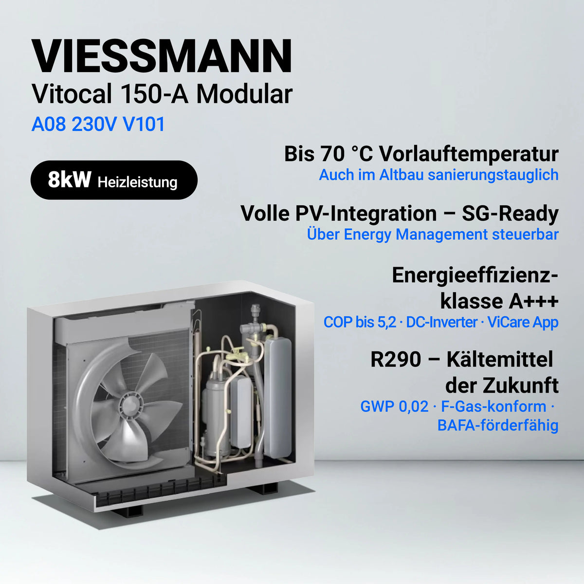 Kompaktes Heizsystem: Viessmann Vitocal 150-A (A08, 230V) Wärmepumpe mit 8 kW Heizleistung und Montagehilfe Comfort für eine schnelle Installation.