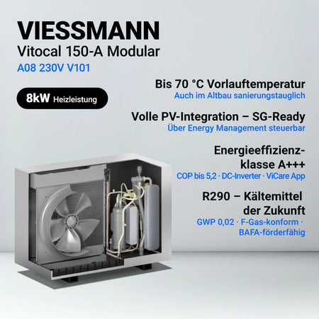 Kompaktes Heizsystem: Viessmann Vitocal 150-A (A08, 230V) Wärmepumpe mit 8 kW Heizleistung und Montagehilfe Comfort für eine schnelle Installation.