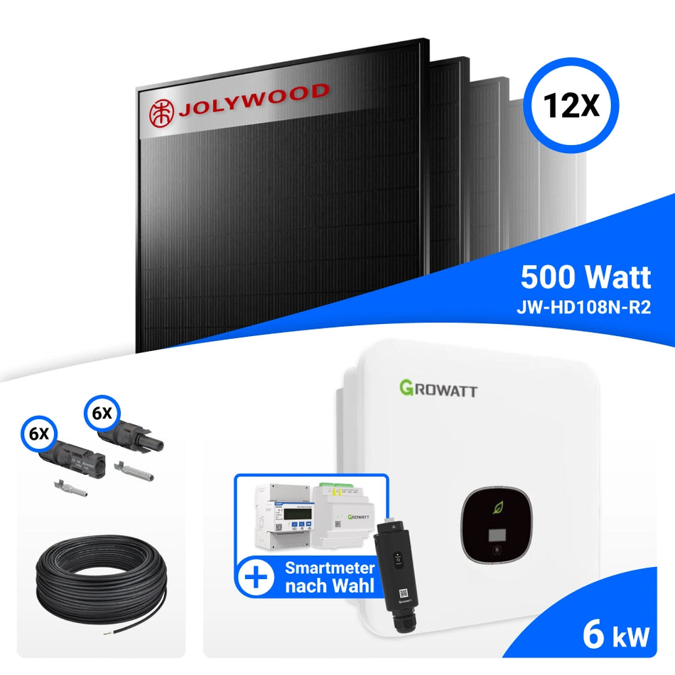 PV Komplettset 6 kWp – 12x Jolywood 500W Full Black & Growatt MOD 6000TL3-XH BP mit Speicheroption