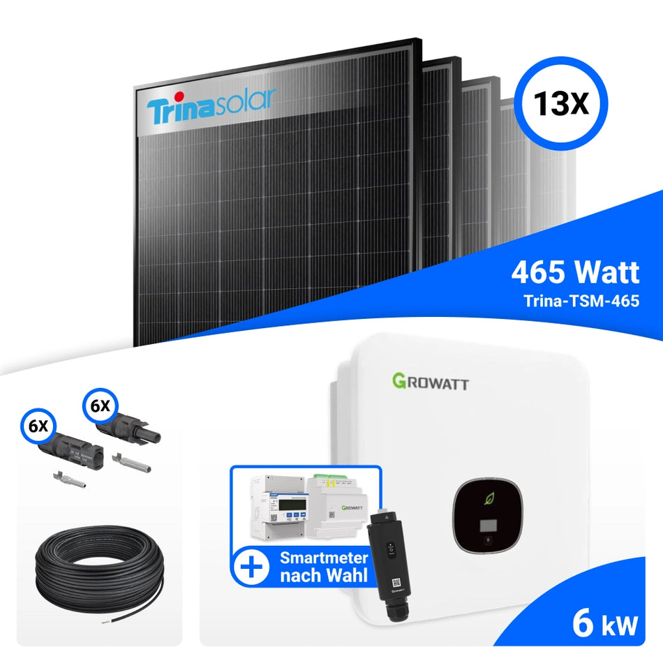 PV Komplettset 6 kWp – 13x Trina 465W Black Frame & Growatt MOD 6000TL3-XH BP mit Speicheroption