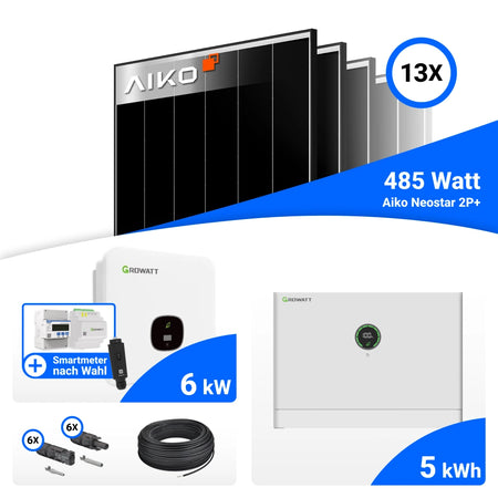 Set-Bestandteile 6 kWp PV Komplettset mit AIKO 485W Black Frame und Growatt MOD6000TL3-XH-BP