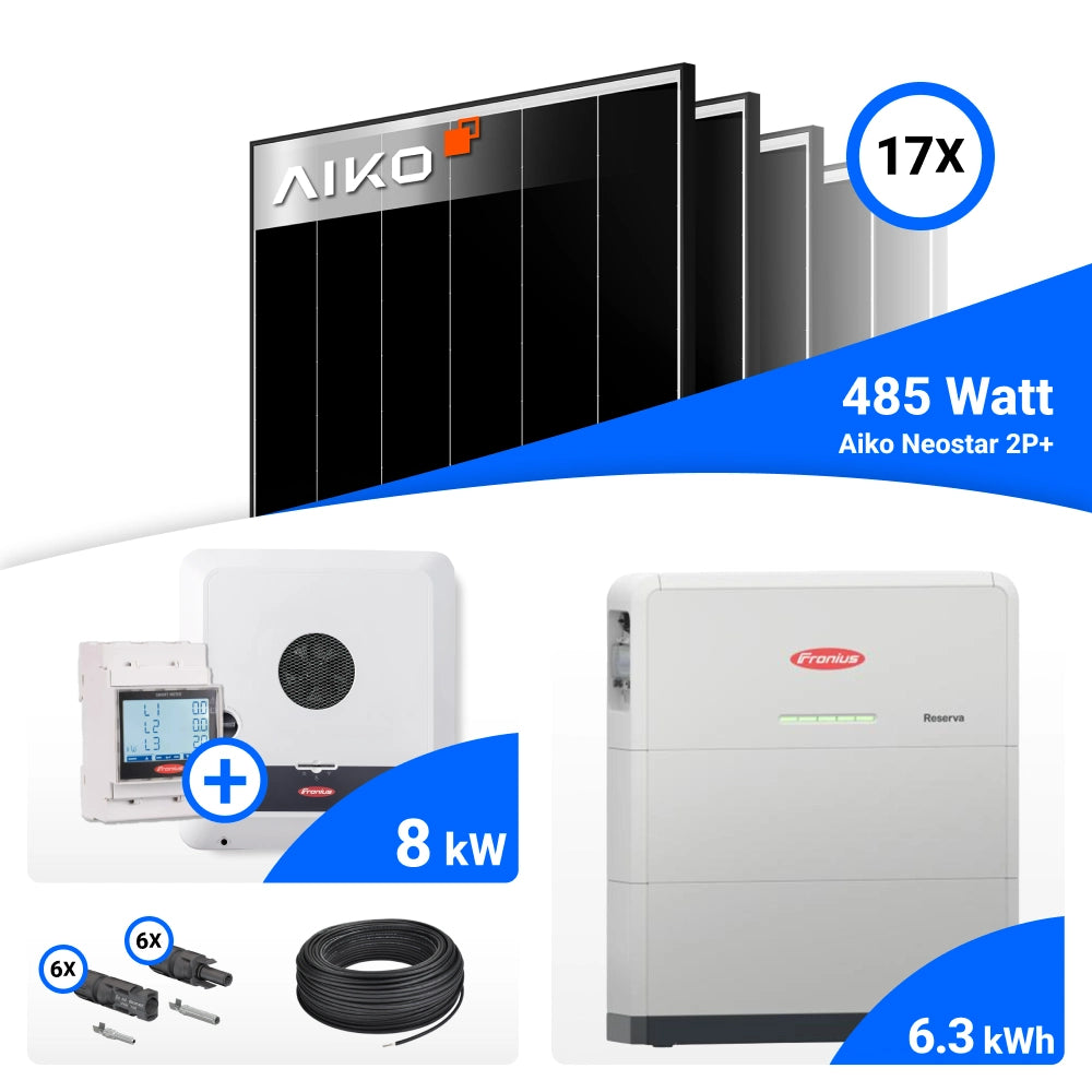 PV-Komplettset mit 17 AIKO 485-W-Solarmodulen, Fronius 8-kW-Wechselrichter mit Smart Meter, Fronius Reserva 6.3-kWh-Speicher, Anschlusskabeln und Steckverbindern.