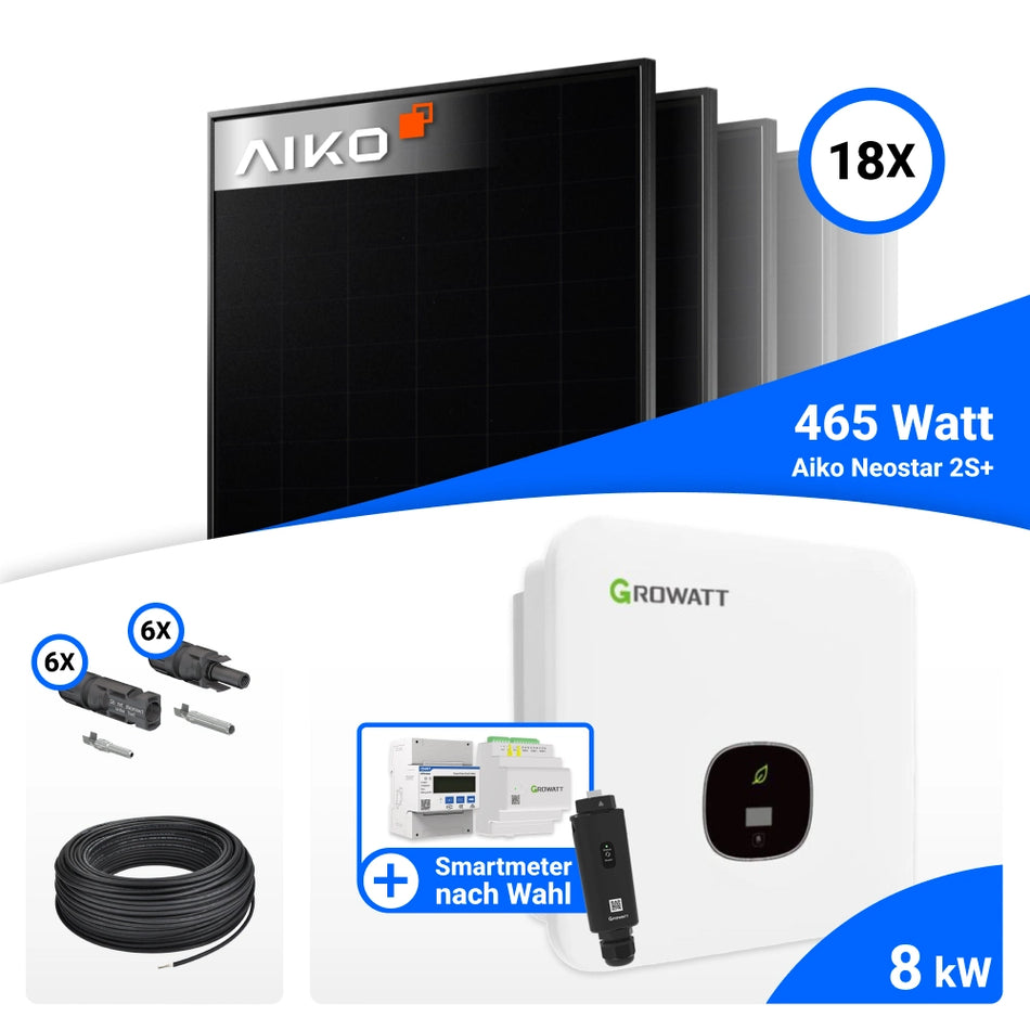 PV Komplettset 8 kWp – 18x AIKO 465W Full Black & Growatt MOD 8000TL3-XH BP mit Speicheroption