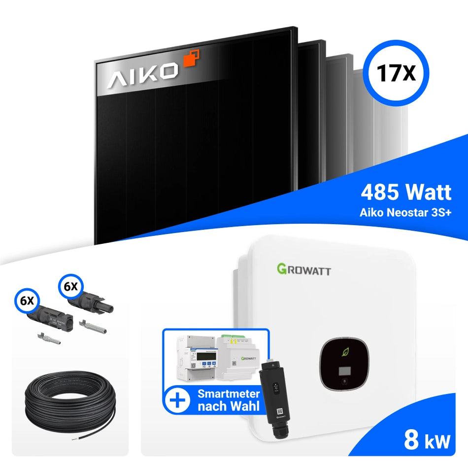 PV Komplettset 8 kWp – 17x AIKO 485W Full Black & Growatt MOD 8000TL3-XH BP mit Speicheroption