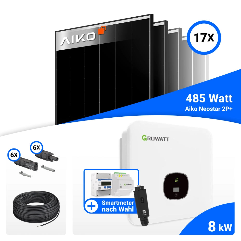 Lieferumfang PV Komplettset 8 kWp mit AIKO 485W Black Frame und Growatt MOD8000TL3-XH-BP