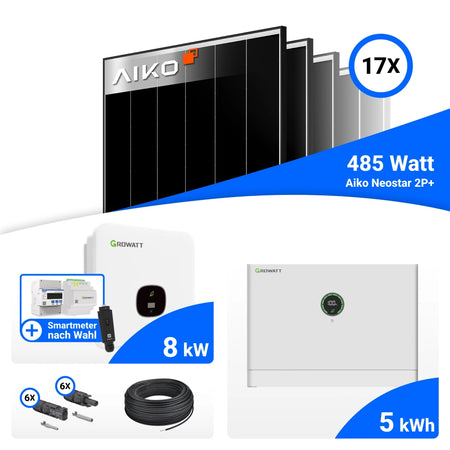 PV Komplettset 8 kWp mit AIKO 485W Black Frame Solarmodulen und Growatt MOD8000TL3-XH-BP Wechselrichter
