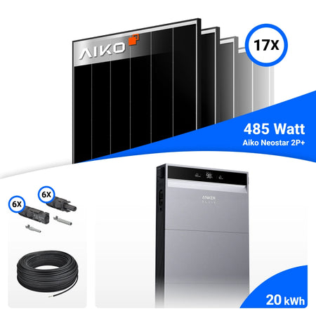 PV-Komplettset mit 17 AIKO 485-W-Solarmodulen, Anker SOLIX 20-kWh-Speicher, Anschlusskabeln und Steckverbindern.