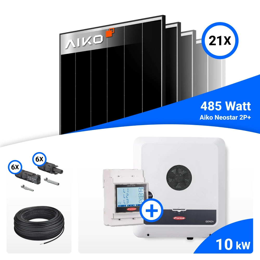 PV-Komplettset mit 21 AIKO 485-W-Solarmodulen, Fronius 10-kW-Wechselrichter mit Smart Meter, Anschlusskabeln und Steckverbindern.