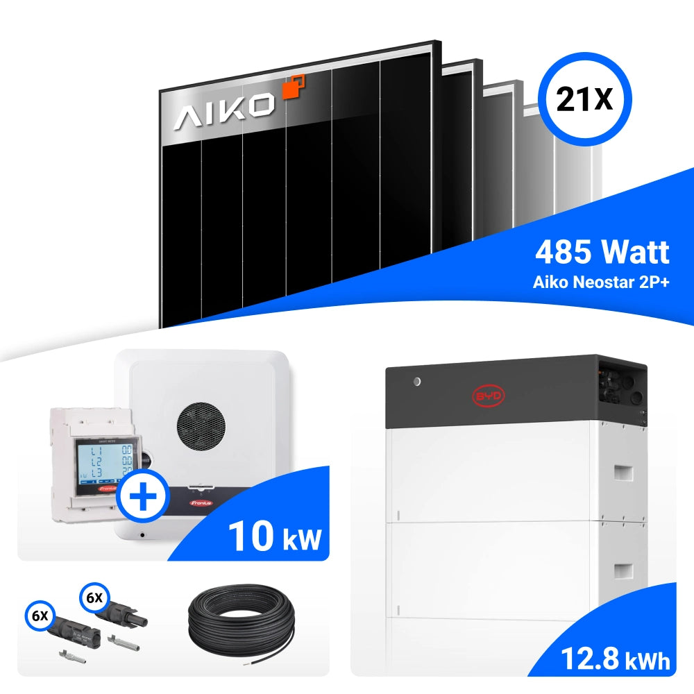 PV-Komplettset mit 21 AIKO 485-W-Solarmodulen, Fronius 10-kW-Wechselrichter mit Smart Meter, BYD 12.8-kWh-Speicher, Anschlusskabeln und Steckverbindern.