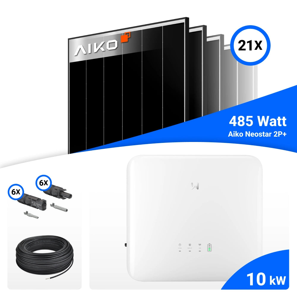 PV-Komplettset mit 21 AIKO 485-W-Solarmodulen, GoodWe 10-kW-Wechselrichter, Anschlusskabeln und Steckverbindern.