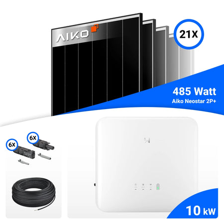 PV-Komplettset mit 21 AIKO 485-W-Solarmodulen, GoodWe 10-kW-Wechselrichter, Anschlusskabeln und Steckverbindern.