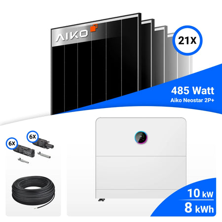 PV-Komplettset mit 21 AIKO 485-W-Solarmodulen, GoodWe 10-kW-Wechselrichter mit 8-kWh-Speicher, Anschlusskabeln und Steckverbindern.