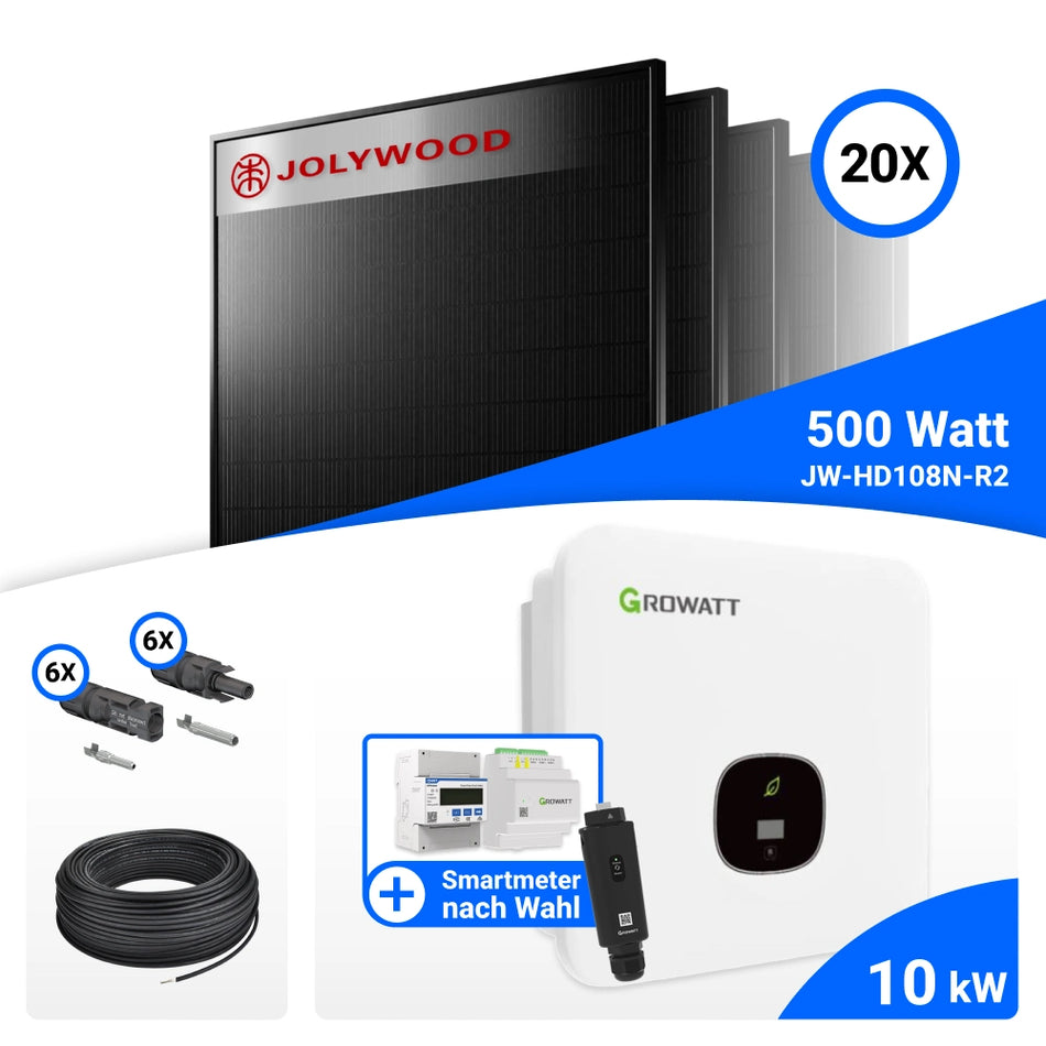 PV Komplettset 10 kWp – 20x Jolywood 500W Full Black & Growatt MOD 10KTL3-XH BP mit Speicheroption
