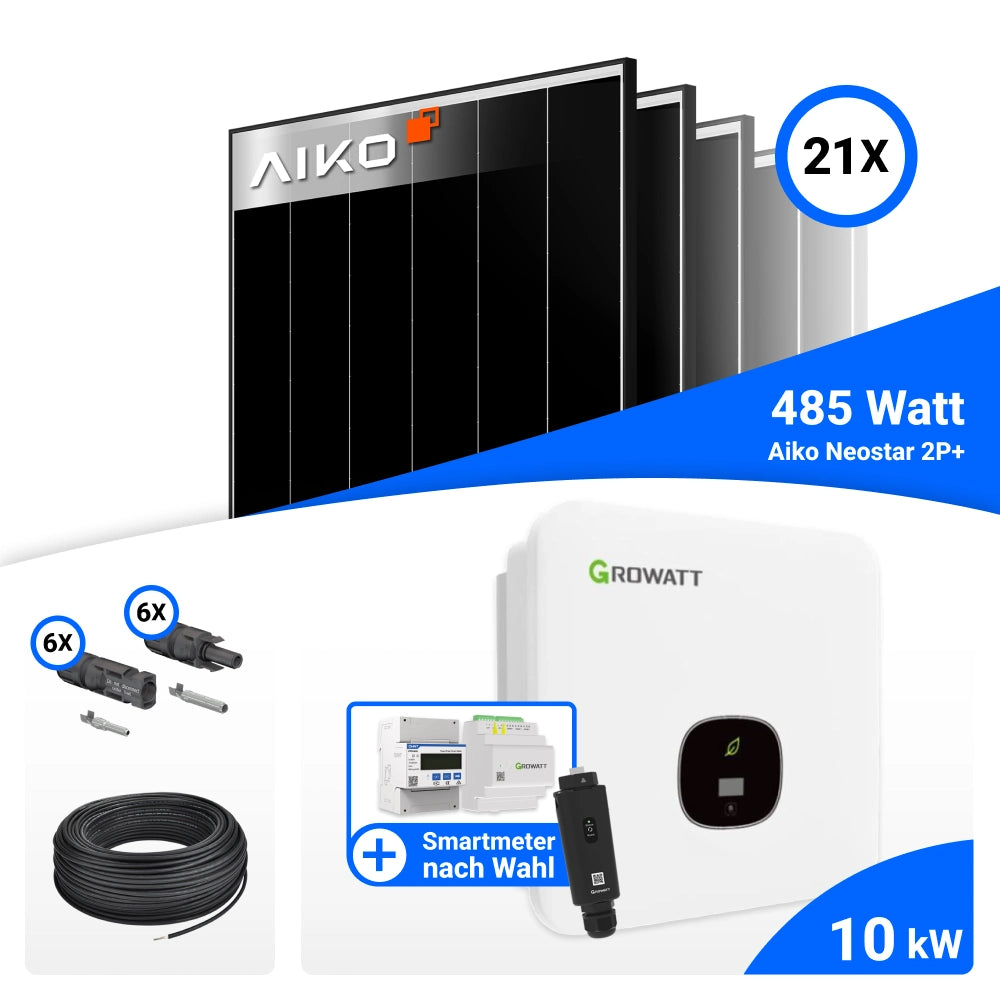 PV Komplettset 10 kWp mit AIKO 485W Black Frame Solarmodulen und Growatt MOD10KTL3-XH-BP Wechselrichter