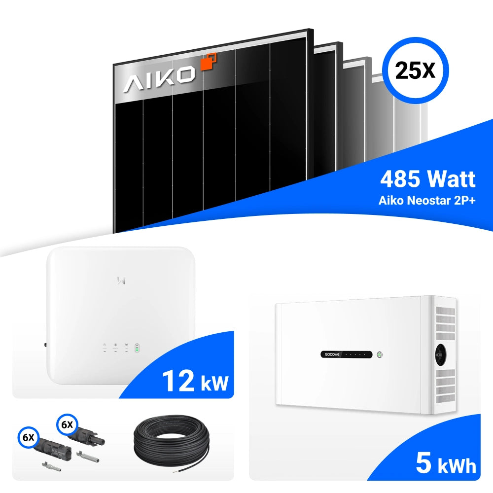 PV-Komplettset mit 25 AIKO 485-W-Solarmodulen, GoodWe 12-kW-Wechselrichter, GoodWe 5-kWh-Speicher, Anschlusskabeln und Steckverbindern.