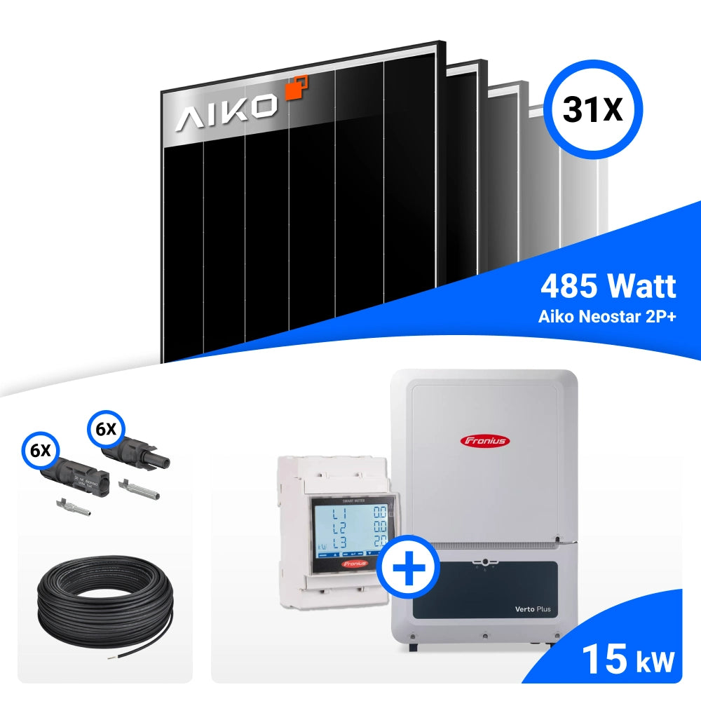 PV-Komplettset mit 31 AIKO 485-W-Solarmodulen, Fronius 15-kW-Wechselrichter mit Smart Meter, Anschlusskabeln und Steckverbindern.