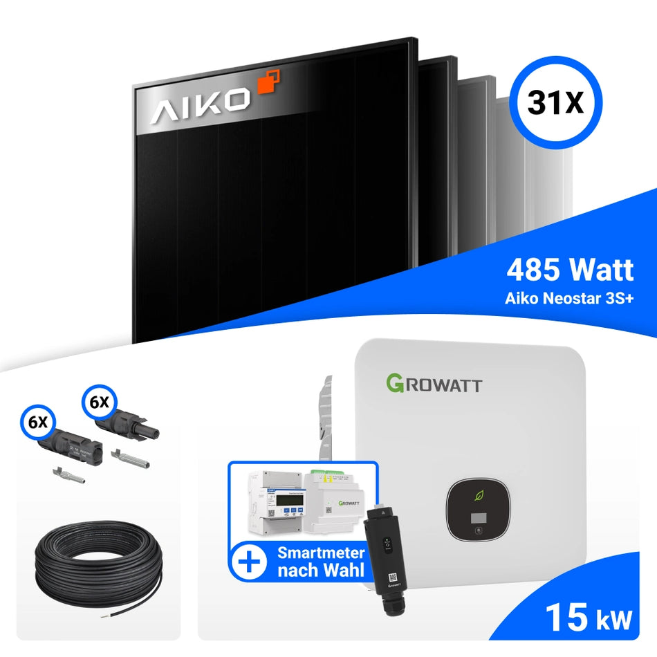 PV Komplettset 15 kWp – 31x AIKO 485W Full Black & Growatt MOD 15KTL3-HU mit Speicheroption