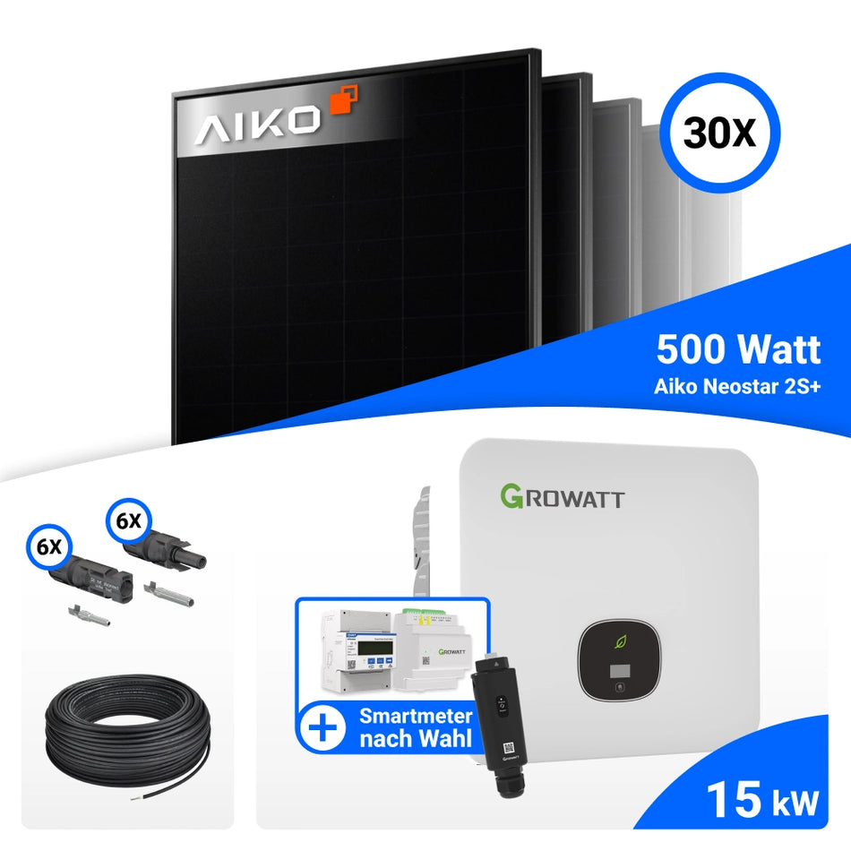 PV Komplettset 15 kWp – 30x AIKO 500W Full Black & Growatt MOD 15KTL3-HU mit Speicheroption