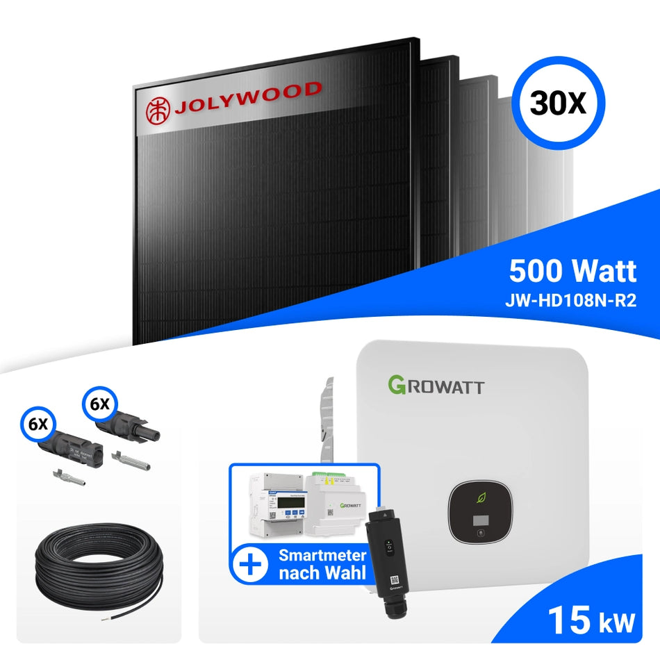 PV Komplettset 15 kWp – 30x Jolywood 500W Full Black & Growatt MOD 15KTL3-HU mit Speicheroption