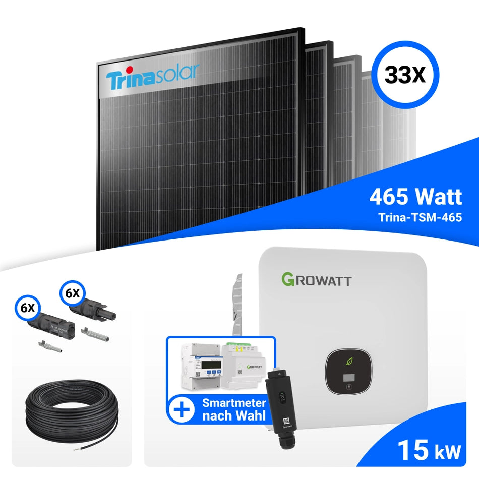 PV Komplettset 15 kWp – 33x Trina 465W Black Frame & Growatt MOD 15KTL3-HU mit Speicheroption