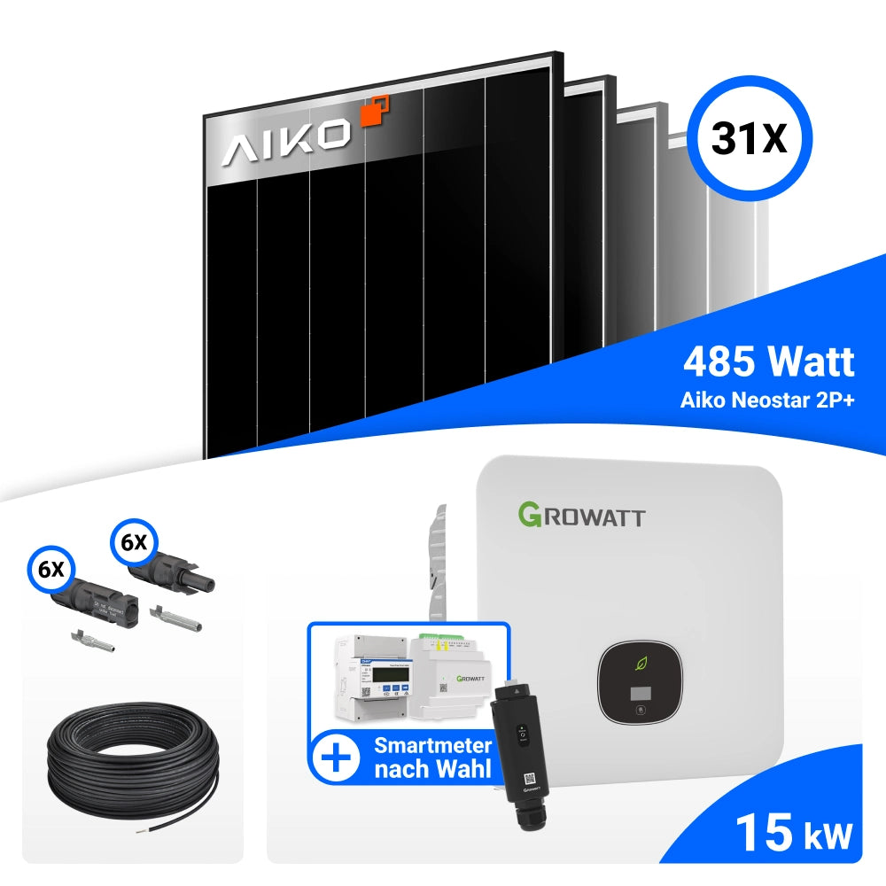 Lieferumfang PV Komplettset 15 kWp mit AIKO 485W Black Frame und Growatt MOD15KTL3-HU