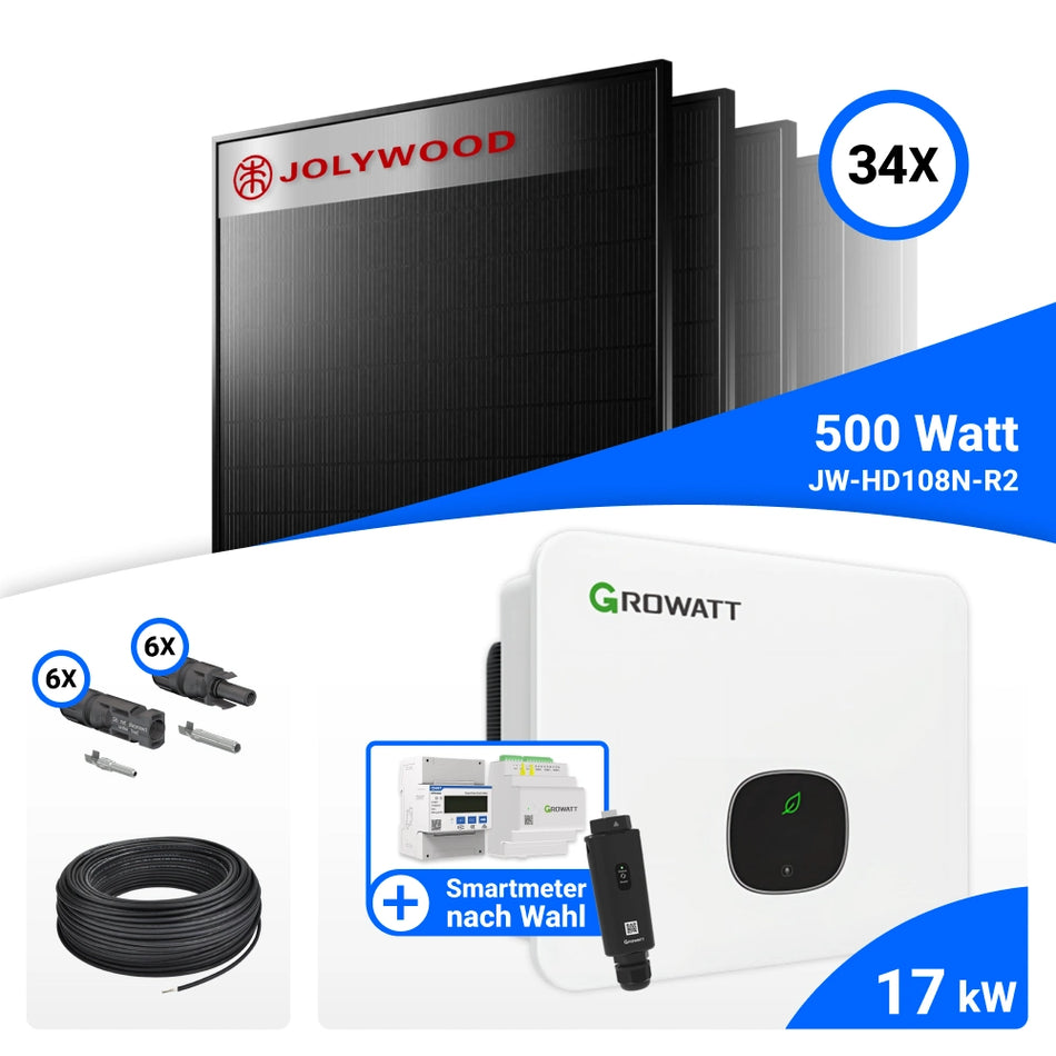 PV Komplettset 17 kWp – 34x Jolywood 500W Full Black & Growatt MID17KTL3-XH mit Speicheroption
