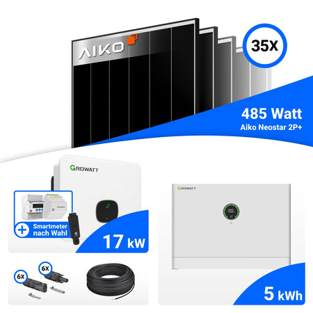 Set-Bestandteile 17 kWp PV Komplettset mit AIKO 485W Black Frame und Growatt MID17KTL3-XH