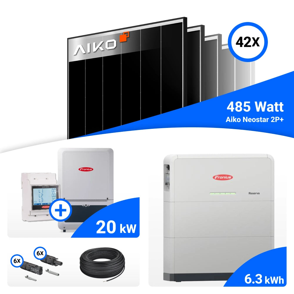 PV-Komplettset mit 42 AIKO 485-W-Solarmodulen, Fronius 20-kW-Wechselrichter mit Smart Meter, Fronius Reserva 6.3-kWh-Speicher, Anschlusskabeln und Steckverbindern.