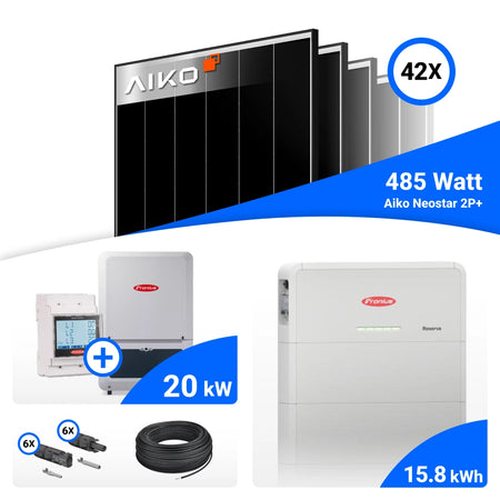 PV-Komplettset mit 42 AIKO 485-W-Solarmodulen, Fronius 20-kW-Wechselrichter mit Smart Meter, Fronius Reserva 15.8-kWh-Speicher, Anschlusskabeln und Steckverbindern.