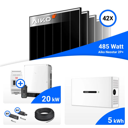 PV-Komplettset mit 42 AIKO 485-W-Solarmodulen, GoodWe 20-kW-Wechselrichter mit Smart Meter, GoodWe 5-kWh-Speicher, Anschlusskabeln und Steckverbindern.