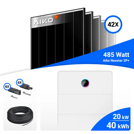 PV-Komplettset mit 42 AIKO 485-W-Solarmodulen, GoodWe 20-kW-Wechselrichter mit 40-kWh-Speicher, Anschlusskabeln und Steckverbindern.