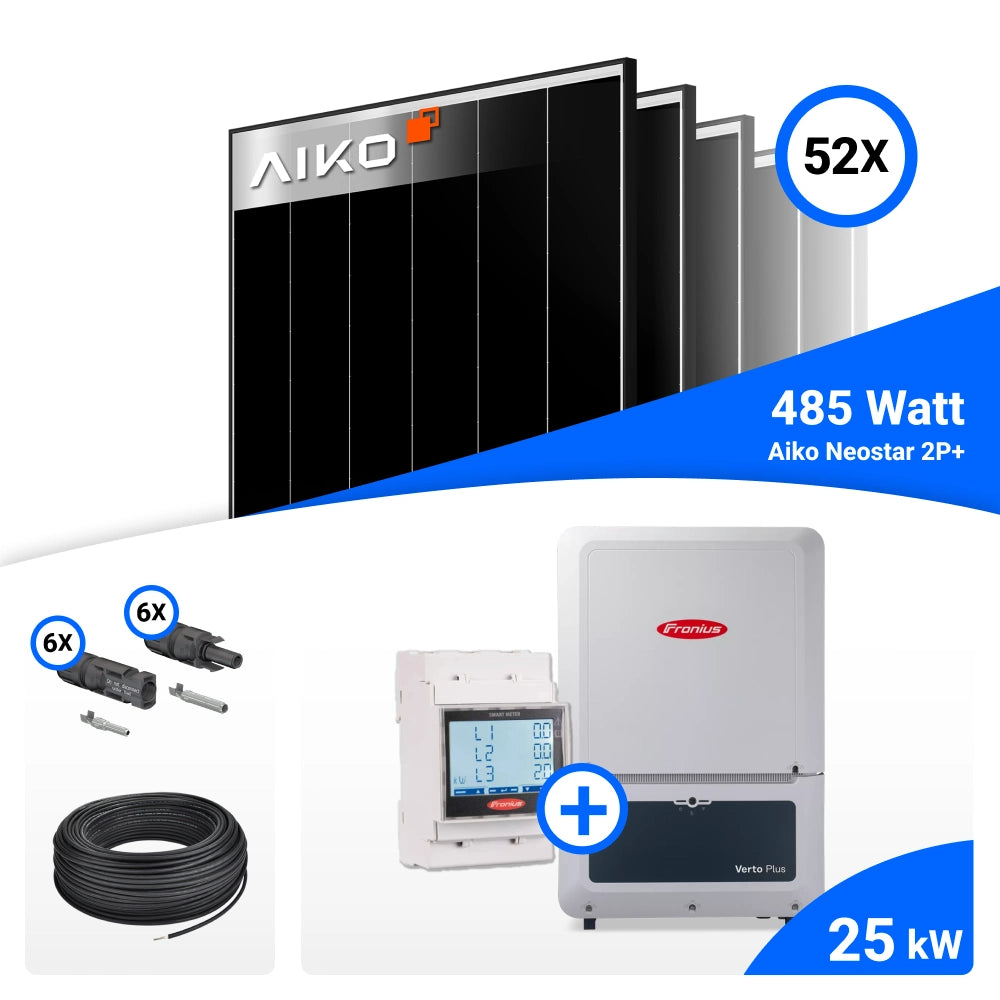 PV-Komplettset mit 52 AIKO 485-W-Solarmodulen, Fronius 25-kW-Wechselrichter mit Smart Meter, Anschlusskabeln und Steckverbindern.