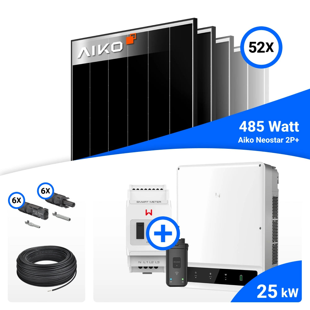 PV-Komplettset mit 52 AIKO 485-W-Solarmodulen, GoodWe 25-kW-Wechselrichter mit Smart Meter, Anschlusskabeln und Steckverbindern.