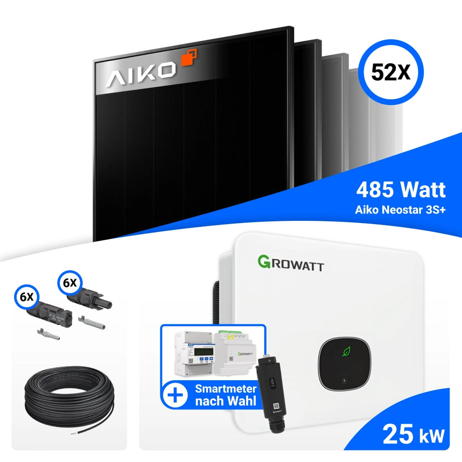 PV Komplettset 25 kWp – 52x AIKO 485W Full Black & Growatt MID25KTL3-XH mit Speicheroption
