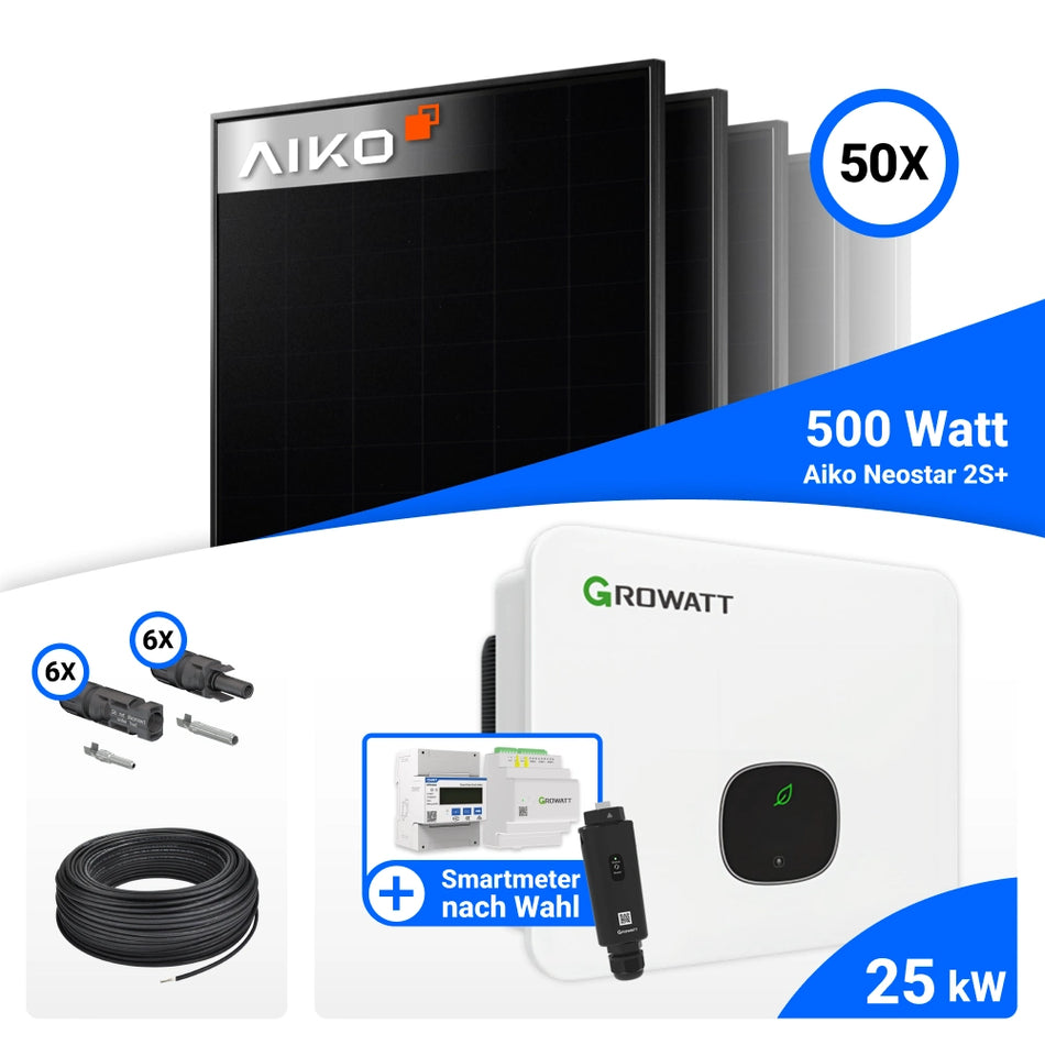 PV Komplettset 25 kWp – 50x AIKO 500W Full Black & Growatt MID25KTL3-XH mit Speicheroption