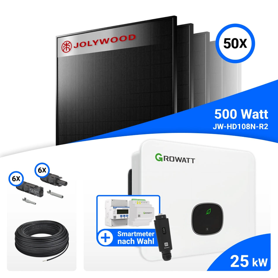 PV Komplettset 25 kWp – 50x Jolywood 500W Full Black & Growatt MID25KTL3-XH mit Speicheroption