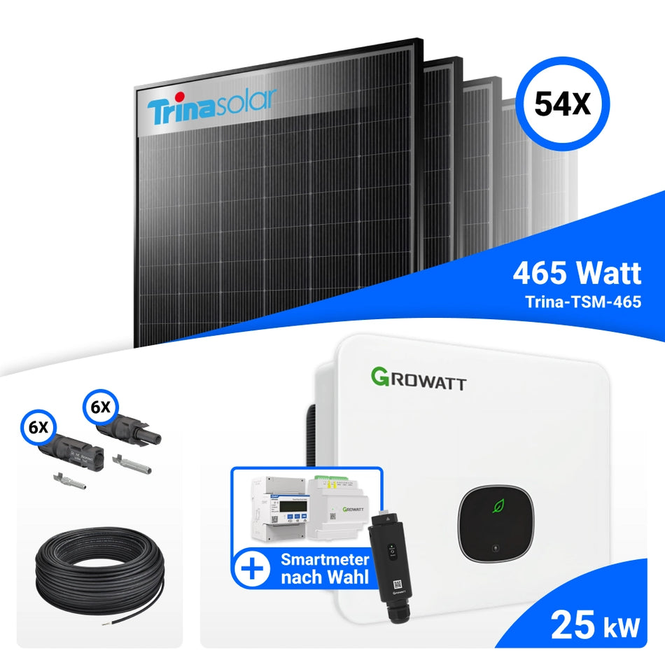 PV Komplettset 25 kWp – 54x Trina 465W Black Frame & Growatt MID25KTL3-XH mit Speicheroption