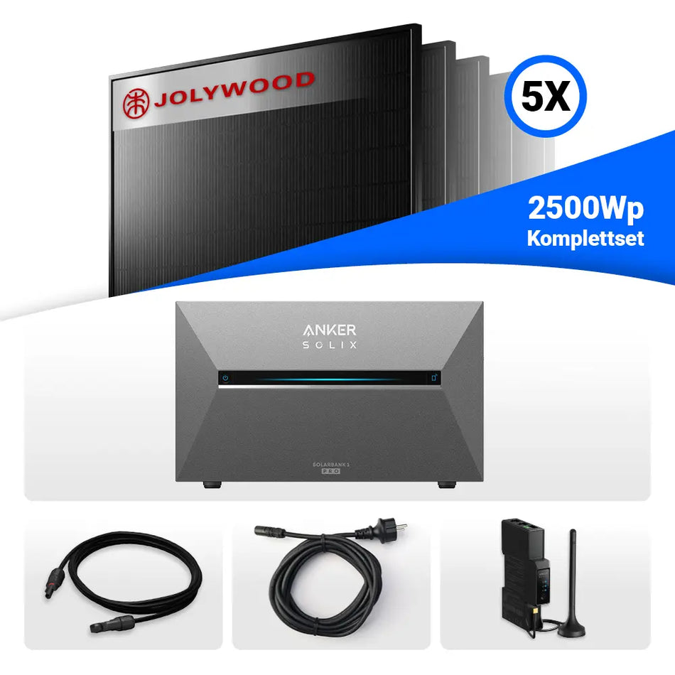 2500W Solarkraftwerk mit Speicher - 5x Jolywood 500W Full Black bifazial & Anker Solix Solarbank 3 Pro