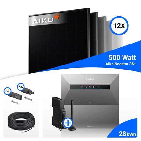 Detailansicht der Lieferung für 6000W Solarkraftwerk mit Speicher - 12x AIKO 500W Full Black bifazial & Anker Solix Max AE111