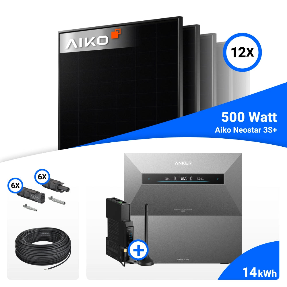 Übersicht der Set-Bestandteile für 6000W Solarkraftwerk mit Speicher - 12x AIKO 500W Full Black bifazial & Anker Solix Max AE111