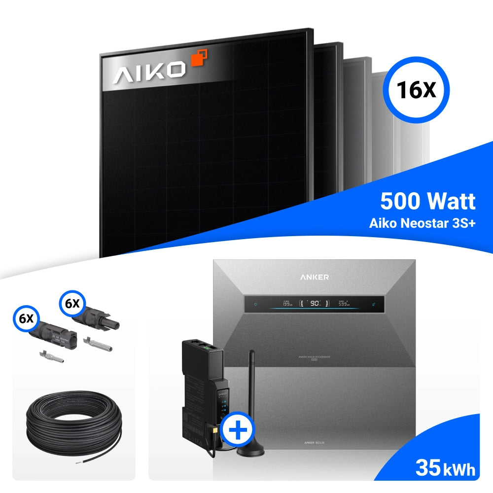Ansicht der Lieferartikel für 8000W Solarkraftwerk mit Speicher - 16x AIKO 500W Full Black bifazial & Anker Solix Max AE111