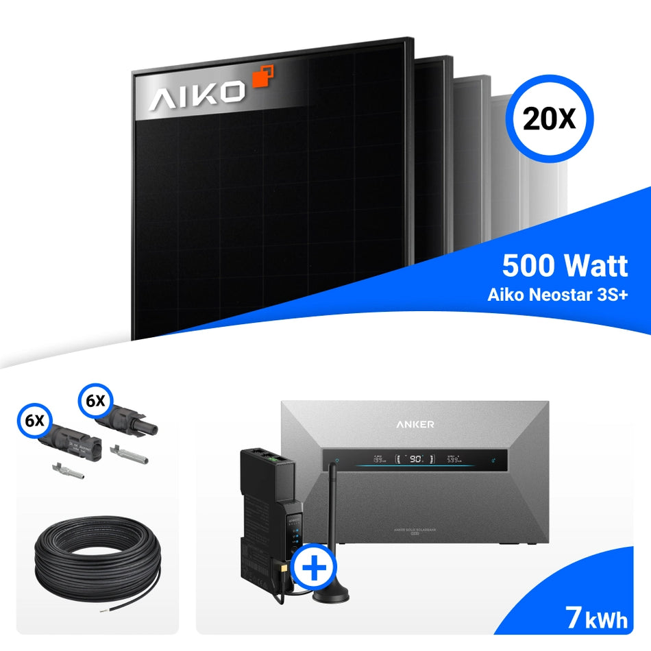Lieferumfang für 10000W Solarkraftwerk mit Speicher - 20x AIKO 500W Full Black bifazial & Anker Solix Max AE111