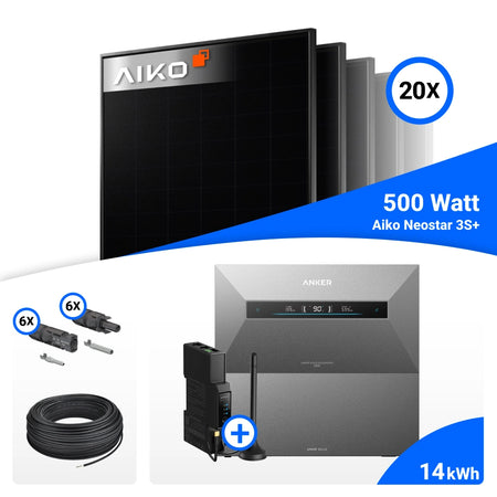 Übersicht der Set-Bestandteile für 10000W Solarkraftwerk mit Speicher - 20x AIKO 500W Full Black bifazial & Anker Solix Max AE111