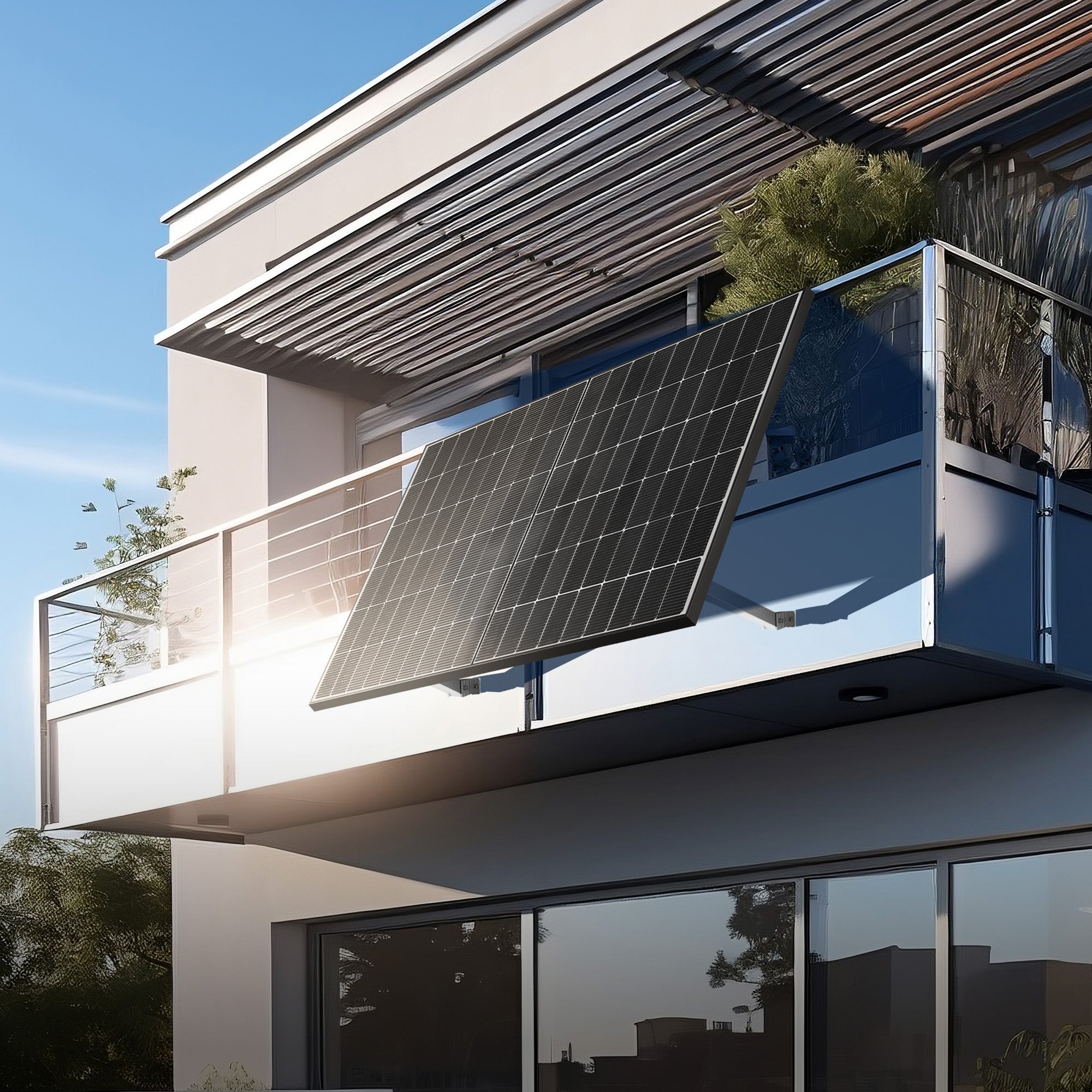 Balkonkraftwerk Komplettset mit Solarmodulen an einem Balkon eines modernen Wohnhauses.
