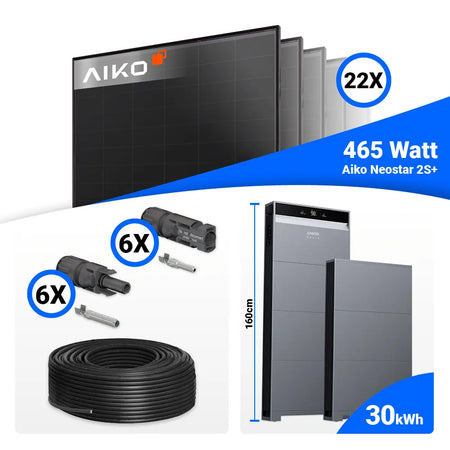 10 kWp PV Komplettset für maximale Autarkie mit 22x AIKO 465W, Anker SOLIX X1-H10K-T und 30 kWh Speicherblock