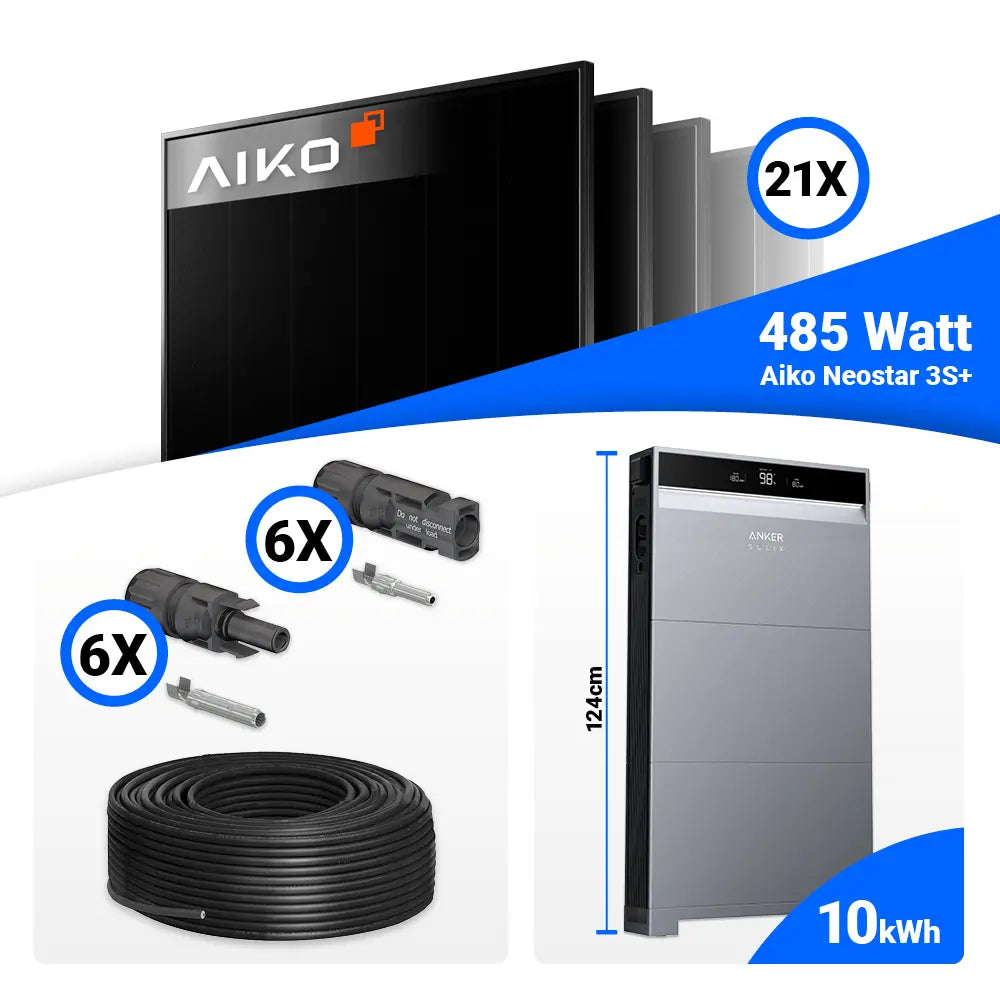 Photovoltaik Komplettset 10 kWp inkl. 21x AIKO 485W Full Black, Anker SOLIX X1-H10K-T und 10 kWh Batteriespeicher.