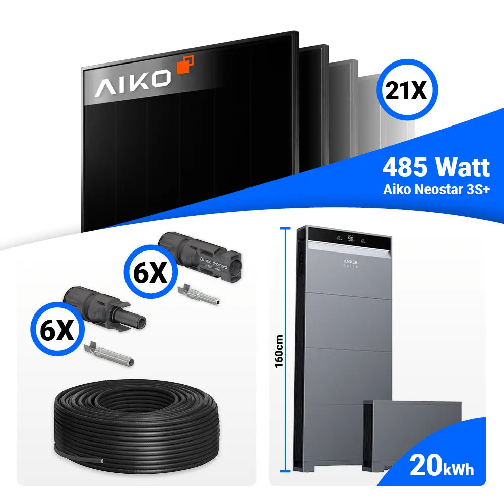 Anker SOLIX X1-H10K-T mit 20 kWh Stromspeicher im 10 kWp PV Komplettset mit 21x AIKO Full Black Modulen.