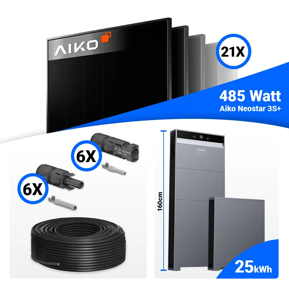 10 kWp PV-Anlage: 21x AIKO 485W Full Black Panels und Anker SOLIX X1-H10K-T System mit großem 25 kWh Speicher.