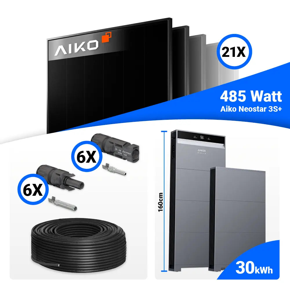 10 kWp PV Komplettset für maximale Autarkie: 21x AIKO 485W, Anker SOLIX X1-H10K-T und 30 kWh Speicherblock.